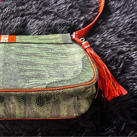 Faux Snakeskin Saddle Bag EUC Green & Orange Tassel Accent - Picture 4 of 12